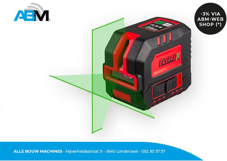 3D-visualisatie van de groene horizontale/verticale laserlijn van de kruislijnlaser CL120G van Levelfix bij Alle Bouw Machines (ABM).
